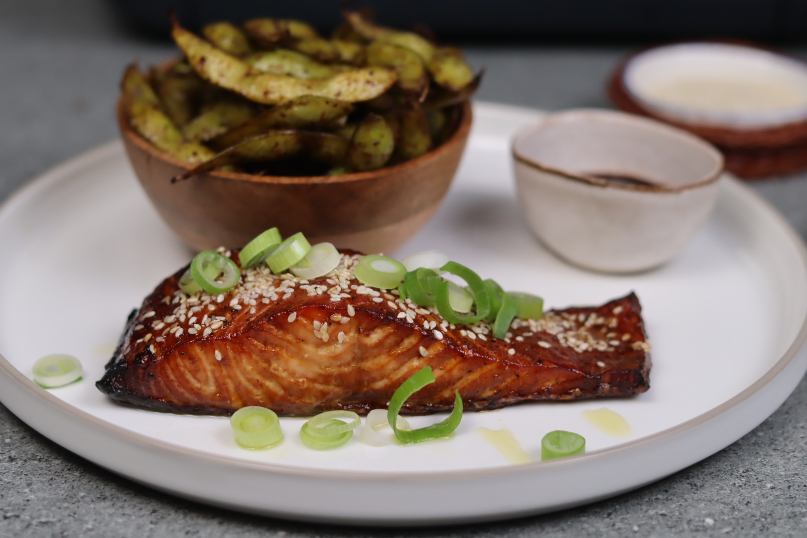 Somon teriyaki si edamame pastai la airfryer
